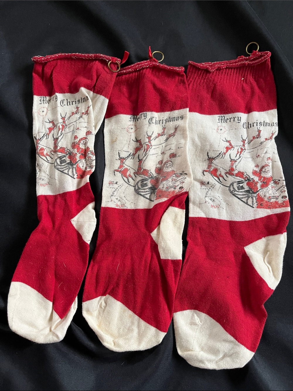 Set Of 3 Vtg Christmas Stockings Santa Claus Reindeer Sleigh Toys 1930s/40s